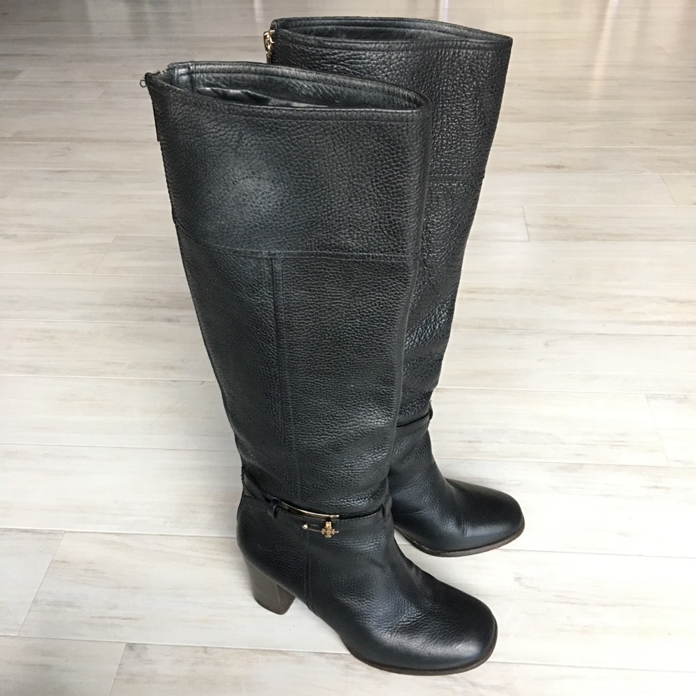 Tory Burch Pebbled Leather Black Knee-High Boots